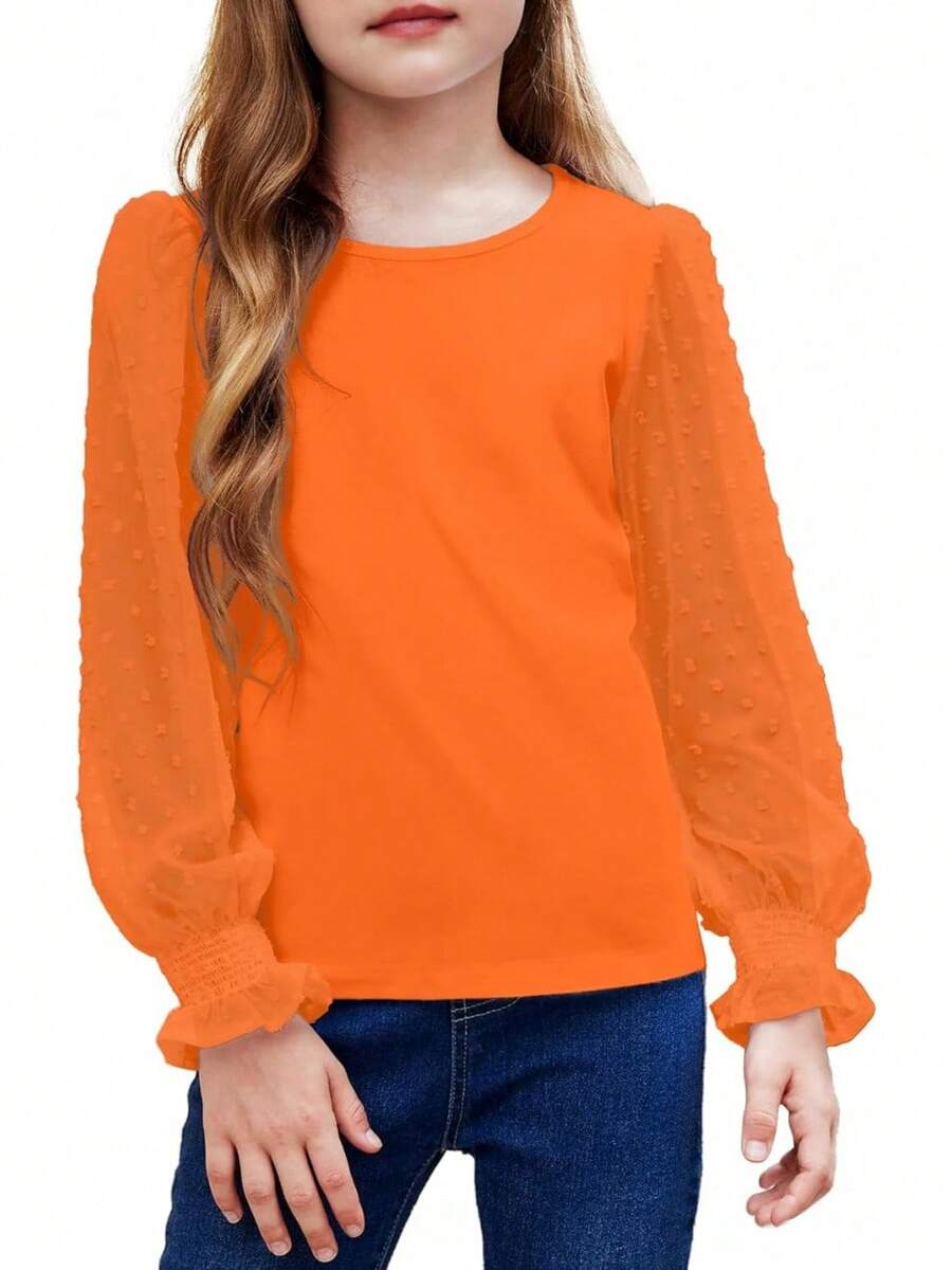 Girls Cute Crewneck Pullover Shirt - Long Sleeve Ruffle Cuffs Polka Dot Kids Top