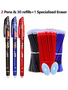 33 piezas Juego de bolígrafos de gel borrables, incluye 2 bolígrafos + 30 recambios + 1 borrador, 0.5mm, bolígrafos de tinta negra/azul/roja, suministros de escritura y papelería - Multicolor - Ver 13
