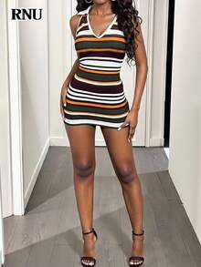 RNU 女士露脐上衣，Y2K 音乐节夜店修身弹力面料，露肩设计，休闲条纹风格，显瘦 V 领夏季度假装，迷彩条纹百搭无袖连衣裙，适合春夏穿着 - 彩色 - 查看 8