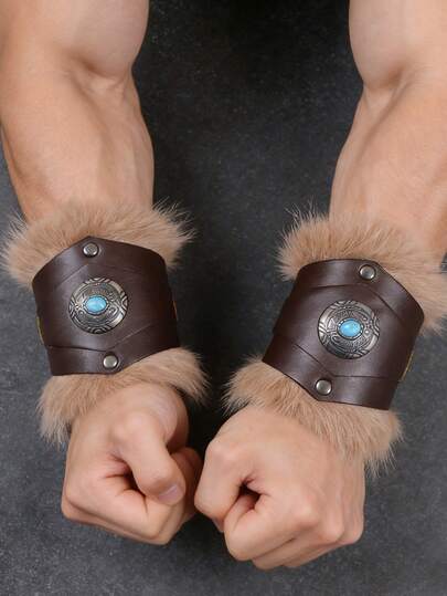 1 Pair Adjustable Nordic Viking PU Leather Arm Cuffs, Medieval Cosplay & LARP For Men