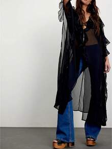 Women Chiffon See Through Flowy Maxi Top Tie Front Kimono Cardigan Sheer Long Sleeve Ruffled Duster Layering Shirt Cover Up - Black - View 1
