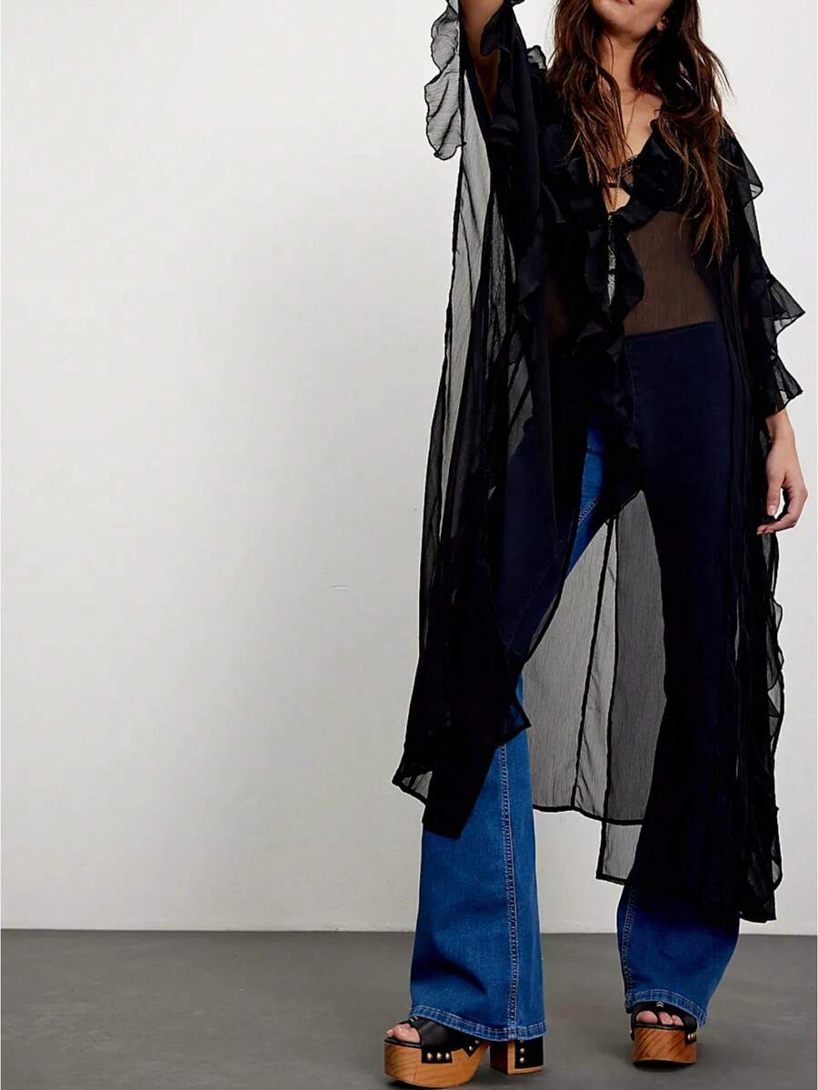Women Chiffon See Through Flowy Maxi Top Tie Front Kimono Cardigan Sheer Long Sleeve Ruffled Duster Layering Shirt Cover Up - Black - View 1