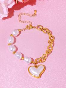 1pc Lovely Heart Pendant Necklace Chain Bracelet, Fashion Beaded Chain Bracelet, Valentine's Day/Mother's Day Gift - Love Pendant - View 6