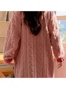 Women's Coral Fleece Long Nightgown - V-Neck Front Button With Pockets, Comfortable And Warm Winter Sleepwear, Suitable For Christmas, Thanksgiving, Mother's Day And Other Holidays. Machine Washable (Pants Not Included). Ideal For Lounging At Home, Floral Print Design, Soft Fabric. An Excellent Choice For Holiday Shopping. Bathroom Decor - Multicolor - View 7