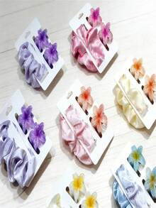 Set Of 2 Flower Hair Clips (4cm) + 1 Satin Hair Tie With Rhinestones - 3Kit aleatório - 查看 1