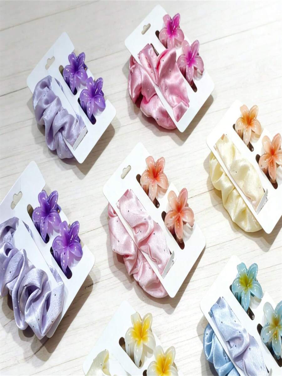 Set Of 2 Flower Hair Clips (4cm) + 1 Satin Hair Tie With Rhinestones - 3Kit aleatório - 查看 1