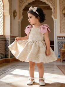 XUMPLO 女婴优雅金色3D立体花朵肩部蝴蝶结无袖短款派对礼服，公主裙，适合生日、派对、节日穿着 - 卡其色 - 查看 2