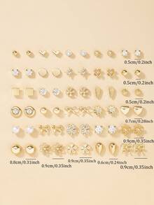 30 Pairs Women Metal Tree, Shell, Pearl, Heart Shaped Earrings Set, Gift - Yellow Gold - View 5