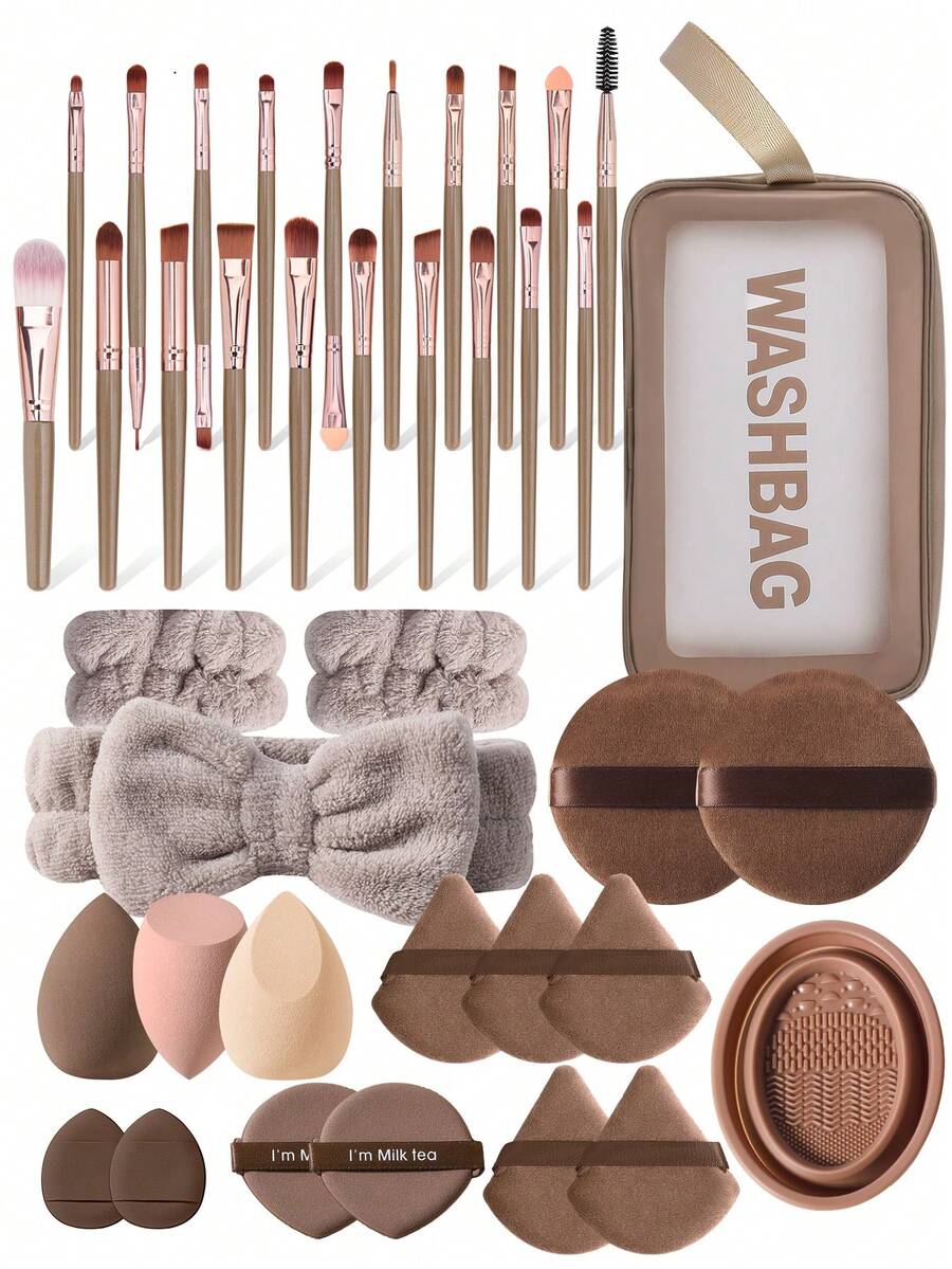 39PCS Makeup Tools Set Including:20PCS Makeup Brush Set+1pc Multi-Functional Zipper Toiletry And Cosmetic Bag Waterproof+1pc Hairband+2PCS Hand Bowl Strap+2PCS Circular Powder Puffs+3PCS Makeup Sponges+5PCS Triangle Powder Puffs+2PCS Air Cushion Powder Puff+2PCS Mini Air Cushion Powder Puffs+1pc Facial Cleansing Sponges - Multicolor - View 1