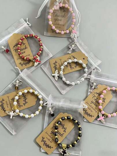 16pcs Cross Beaded Stretch Bracelets, With Organza Pouches, Suitable For First Communion, Eid, Baptism, Birthday, Gatherings, Bridal Shower, Souvenirs