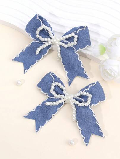 2pcs Blue Pearl Hair Bow Hair Clips For Girls,Fabric Accessories Jeans Hair Bows For Girls,Fashion Hair Accessories For Girls Party Gifts