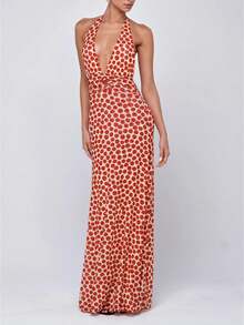 Women's Retro Polka Dot Halter Maxi Dress Deep V Neck Open Back Ruched Waist Flowy Summer Dress For Cocktail Party Vacation - Đỏ - Xem 1