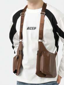 男士纯色PU可穿戴胸包，多口袋大容量拉链背心式胸包，简约时尚设计户外胸包 - 棕色 - 查看 3