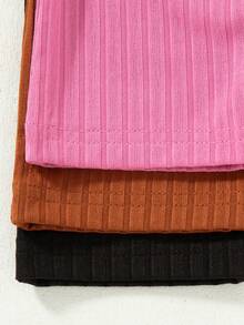 3pcs/Set Jumpsuit Camisole Bergaris Warna Polos Kasual Slim Fit untuk Anak Perempuan - Hot Pink - View 5