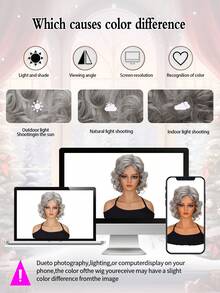 Tóc giả nữ kiểu cơ bản, xoăn gợn sóng, dài ngang vai, có mái, chất liệu sợi tổng hợp chịu nhiệt cao, lưới hoa hồng, độ dày 150%, đa năng cho cả sử dụng hàng ngày và các dịp đặc biệt - Màu xám 10 inch - Bạc - Xem 8