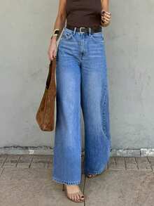 2026夏季Y2K风格度假休闲蓝色直筒牛仔裤，商务职业女士水洗宽松直筒牛仔裤，优雅复古直筒裤 - 中等水洗藍 - 查看 7
