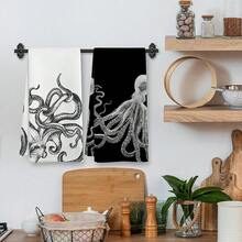 Coastal Octopus Decor Dish Hand Tea Towels For Bathroom Kitchen, Octopus Ocean Nautical Beachy Bathroom Decor, Black And White Coastal Nautical Kitchen Towels And Dishcloths Sets Of 2,16x24In - 白章魚 - 查看 3
