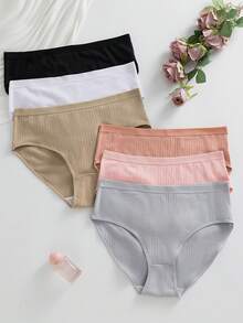 6PCS, Cotton Ribbed Underwear, Random Color, Women's Comfortable Breathable Triangle Panties, Soft And Simple Mid-Waist Thong - Multicolor - View 4