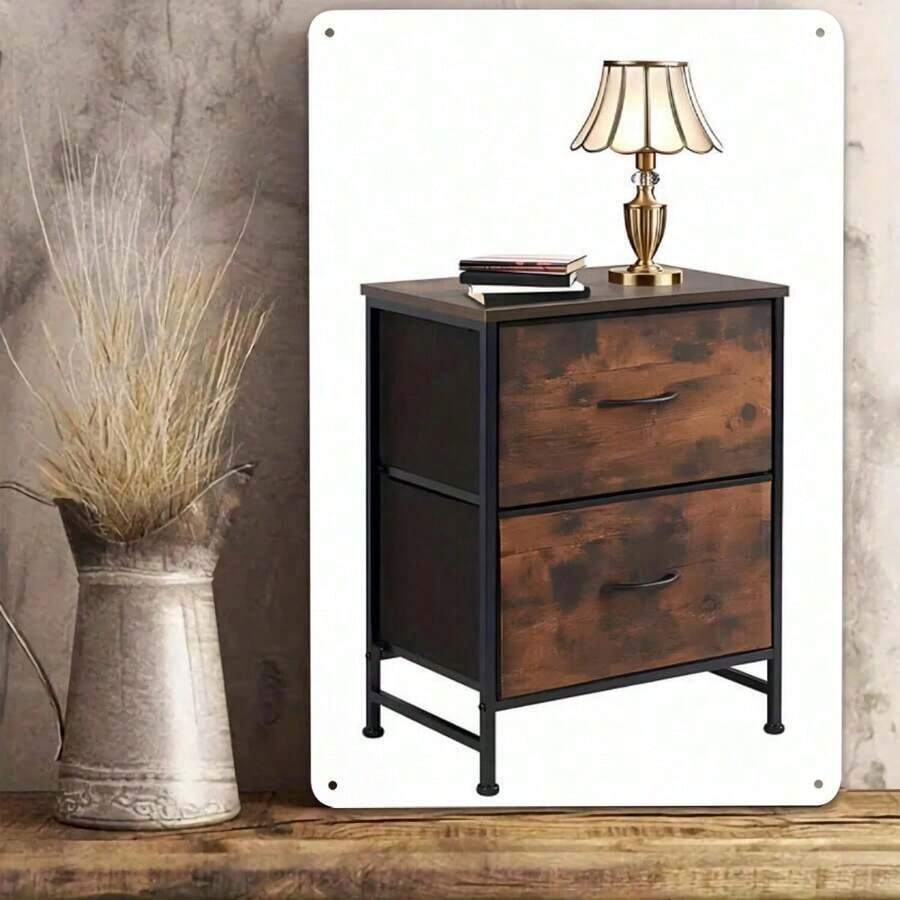 Rustic Nightstand With Two Drawers Industrial End Table Vintage Bedside Table Farmhouse Accent Furniture Easy Assembly Brown Black Metal Sign Wall Decor - 1PC - 查看 1