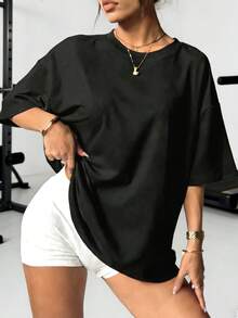 Slim Fit & Versatile! Black Loose Long Short Sleeve T-Shirt - Casual & Relaxed Style - Black - View 1