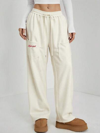 女士休闲直筒裤，抽绳松紧腰设计，多口袋直筒休闲裤，适合秋冬季运动休闲穿着