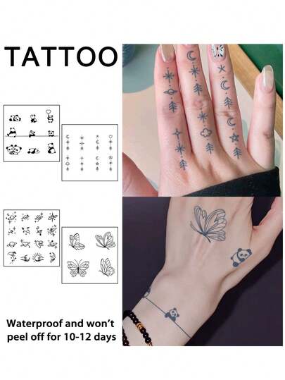 4片装纹身贴纸，Y2K熊猫简约小几何半永久纹身，防水防汗，可持续1-2周，逼真草本汁液，防摩擦，不反光，黑色，男女通用，可用于手臂、胸部、腿部、腹部、腰部、手指、颈部、脊柱等部位，现代主义人体艺术