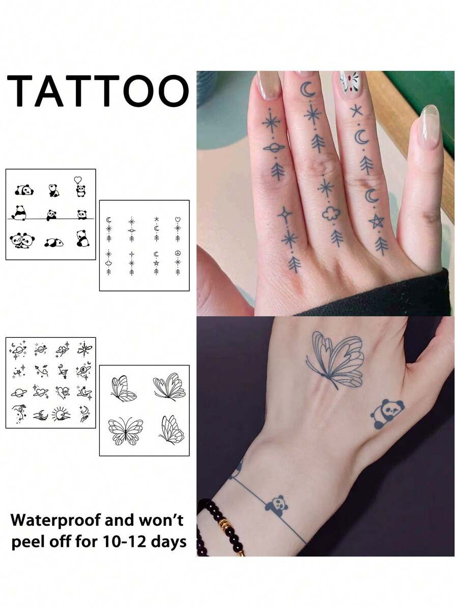 4 قطع وشم مؤقت وهمي Y2K بطبعة بسيطة هندسية شبه دائمة للبانداوالرجال والنساء، مقاوم للماء والعرق ويدوم من أسبوع إلى أسبوعين، ذو مظهر واقعي من عصير نباتي، غير لامع ولا انعكاسي، ملصقات وشم للذراع والصدر والساق والبطن والخصر والإصبع والرقبة والعمود الفقري، فن جسدي عصري - الأسود - مشاهدة 1