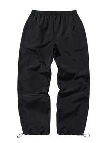 Pantalones casuales para hombres, diseño de rayas rectas, dobladillo con cordón, tela de nailon de secado rápido, pantalones anchos de corte holgado - Negro - Ver 2