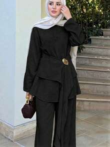 Women Asymmetric Hem Top And Pants Conservative Suit Spring Black - Black - View 8