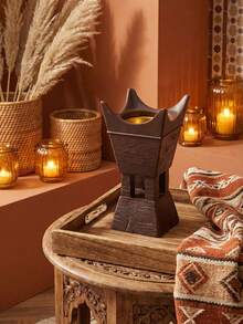1 Pc/Set Dark Brown Wood Grain Crown Top Resin Incense Burner. Modern Wabi-Sabi Style Bakhoor Burner. Tall Foot Design With Upper And Lower Spliced Structure Incense Burner. - Multicolor - View 4