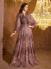 UNITHORSE [Random Print] Women V-Neck Long Sleeve Fitted Mesh Evening Dress - Pink - View 3