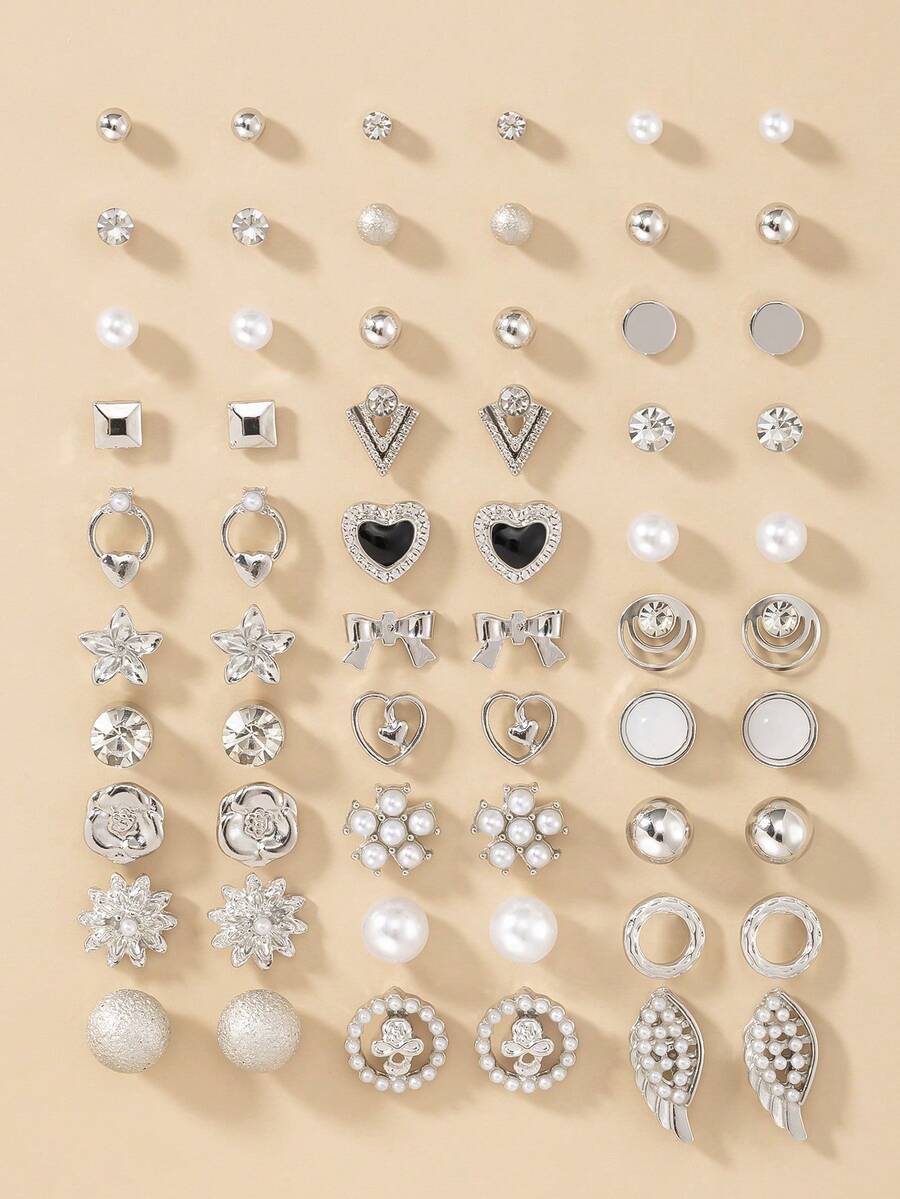 30 Pairs Women's Delicate Metal Tree, Shell, Pearl, Heart Shaped Earrings Set - Silver - View 1