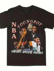 One Piece Of 100% Pure Cotton 180g Men's Youngboy Pattern T-Shirt - Soft Cotton Fabric, Elastic Material, Crew Neck, Machine Washable - Never Broke Again Design, Regular Fit, Suitable For All Seasons, Everyday Fashion Casual Shirt, Stretch Fabric T-Shirt - 黑色 - 查看 6