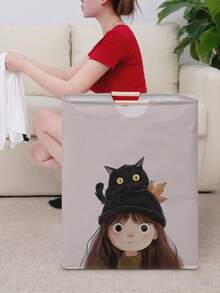 1 szt. Składane pudełko do przechowywania z grafiką portretową, składany kosz na pranie z drewnianą rączką, składany kosz na brudne ubrania do łazienki - Wielokolorowe - Zobacz 5