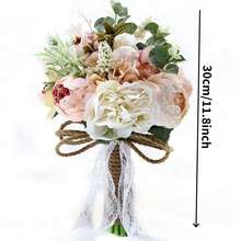 3件套象牙色新娘伴娘捧花，含胸花和襟花；10英寸白色香槟色人造玫瑰花束，适用于婚礼教堂装饰、仪式、周年纪念、情人节礼物 - 粉紅色A - 查看 3