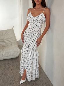 Elegant White Polka Dot Spaghetti Strap Deep V Dress With Chest Ruffle Accents, Fitted Waist, Open Back, Fishtail Silhouette & Layered Ruffles – Elegant Sweet Style Ideal For Parties, Wedding Guest Dress, Date Nights, City Strolls, Vacations, Casual Going Out, Plain Spring Summer Outfits - White - View 3