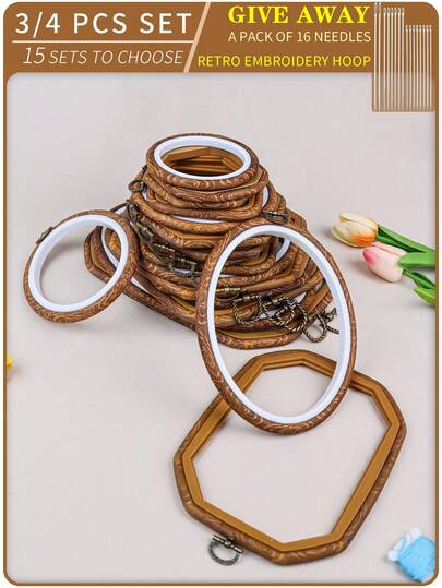 Set de 4 aros de bordado de estilo vintage con apariencia de grano de madera marrón, formas surtidas, marcos para punto de cruz hechos a mano, aros colgantes para atrapasueños, fabricados en ABS y PVC, con ganchos de metal, duraderos, incluye 16 agujas, adecuados para decoración del hogar y bordado