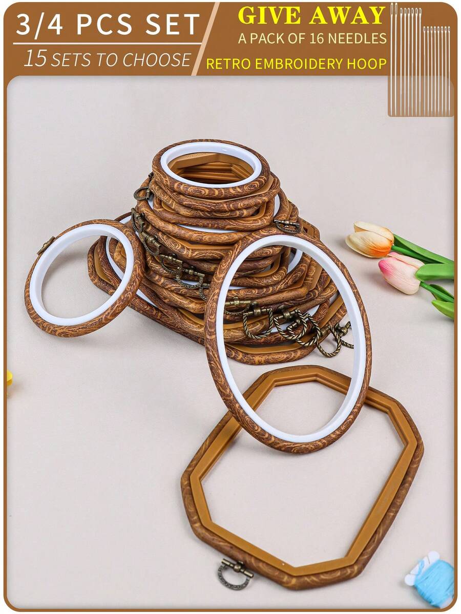 4 Stück/Set Vintage Stil braune Holzmaserung Stickrahmen, sortierte Formen, DIY handgemachte Kreuzstich Rahmen, Traumfänger Aufhängeringe, aus ABS & PVC gefertigt, mit Metallhaken, langanhaltend, inklusive 16 Stück Nadeln, geeignet für Heimdekoration & Stickerei