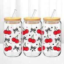 Copo de vidro de 473ml (16oz) com estampa de laço e cereja, isolamento térmico de camada dupla, canudo e tampa de madeira. Copo exclusivo para meninas, ideal para aniversários, Dia dos Namorados e outras ocasiões especiais. - Multicolorido - Ver 10