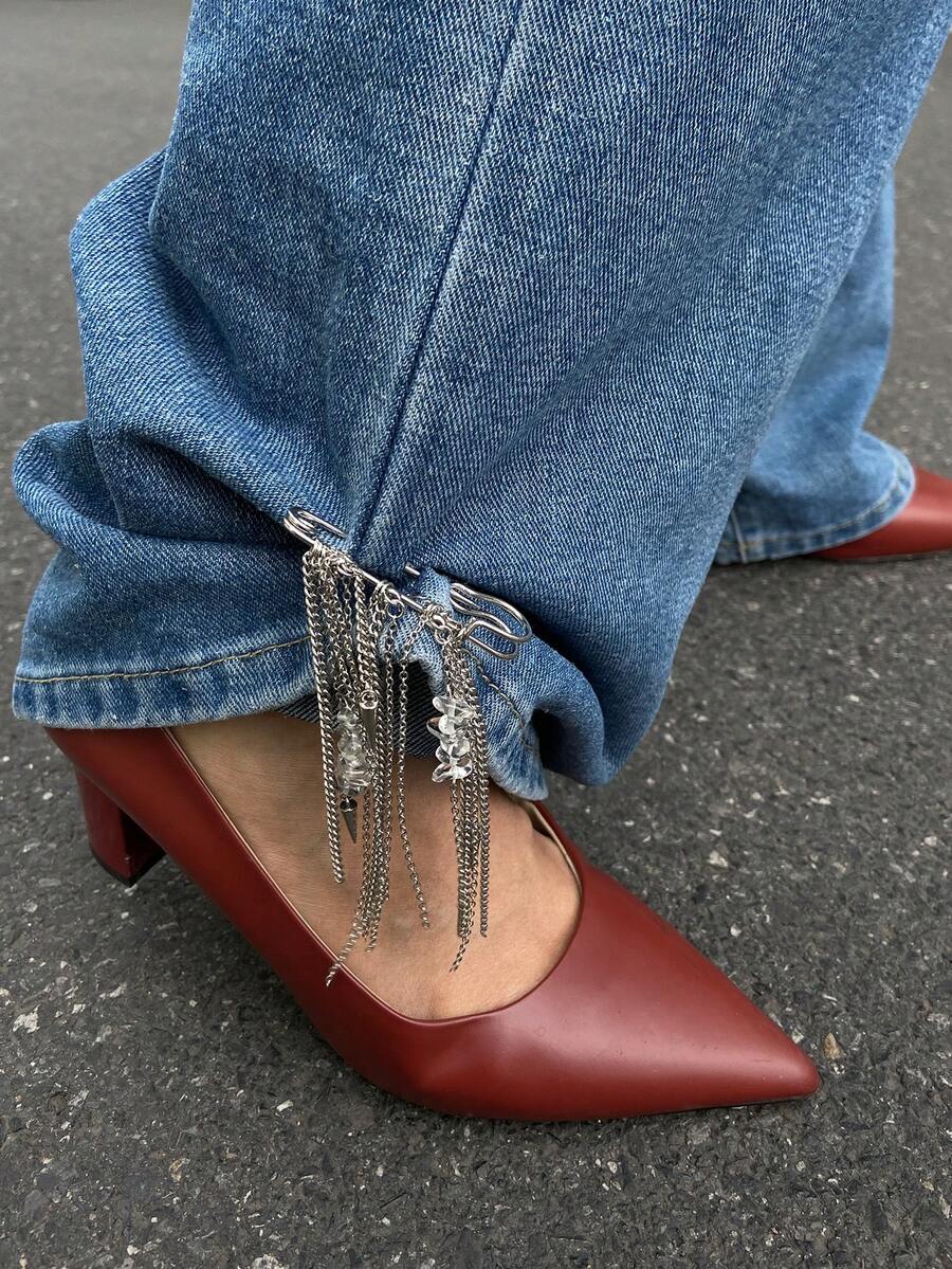 1pc Bohemian Geometric Asymmetrical Crystal Beaded Brooch, Rivet Chain Tassel Anklet, Minimalist Fashionable Casual, Party, Holiday, Date, Women's Festival Birthday Versatile Jewelry Charm Anklet Gift - Silver - View 1