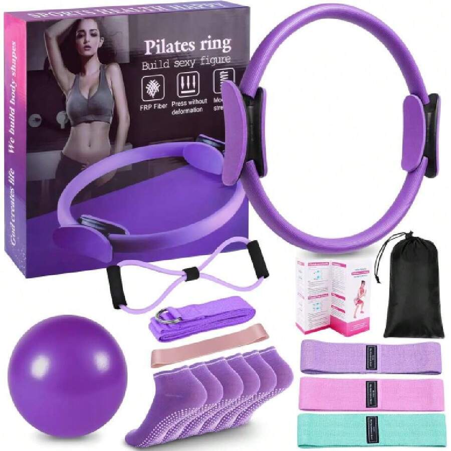 Pilates Kit–Pilates en Casa de 14 Piezas para Mujer con Aro de pilate, Pelota de Yoga, Bandas de Resistencia, Calcetas Antideslizantes y Banda de Estiramiento,41149433 - Rojo violeta - Ver 1