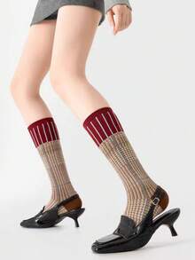 3双复古美式格子和千鸟格图案过膝袜，适合所有季节 - 彩色 - 查看 5