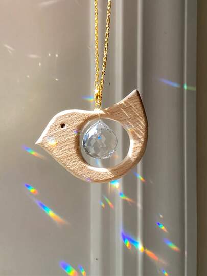 Wooden Bird Suncatcher - 1pc Glass Crystal Animal Theme Hanging Rainbow Maker - Friendship Day Gift Decorative Car Mirror Accessory Bird Decor Lovely Cartoon Wood Bird Pure Natural Animal Shape Wooden Toys Handmade Pattern DIY Jewelry Making Necklace Pendant