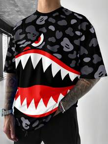 男士街头风宽松鲨鱼嘴迷彩印花短袖T恤 - 白色 - 查看 4