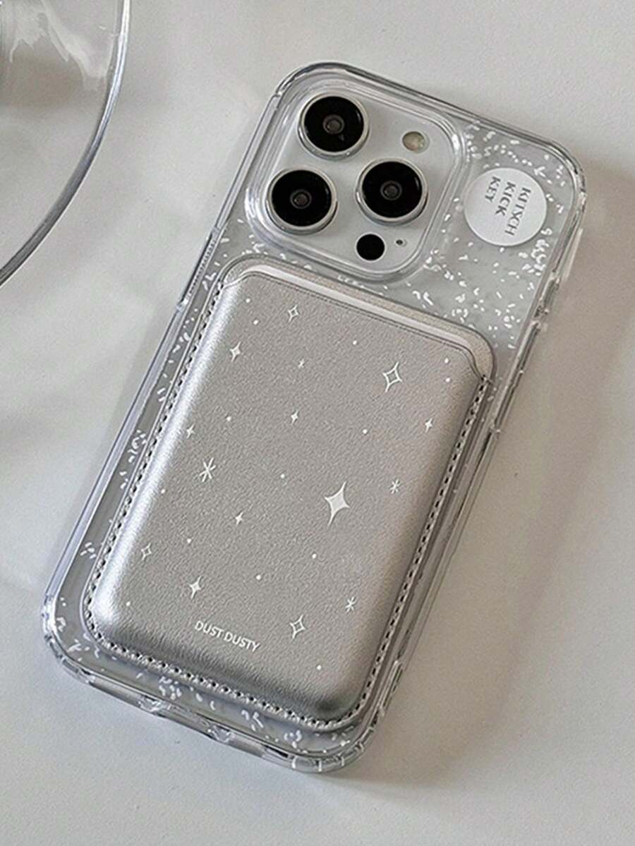 1pc Magnetic Adsorption Phone Case With Starry Glitter + Magnetic PU Leather Card Holder, TPU Shockproof Protective Cover Compatible With IPhone 11/12/13/14/15/16/17/Pro Max - Clear - View 1