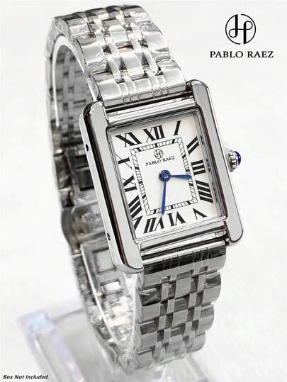  1pc Pablo Raez Charm Ladies Watch, Stainless Steel Silver Jewelry, Anti-Fading Ladies Wristwatch, High-Quality Luxury Ladies Formal Watch, Elegant Brand New AAA Rectangular Glamorous Quartz Watch, Fashionable White Dial, Quality Ladies Rectangular Wristwatch, 50M Waterproof Solid Steel Strap