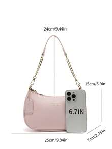 Minimalist Solid Crescent Handbag, Fashionable Baguette Tote Bag, Versatile Shoulder/Underarm Bag, Y2K Babe Bag With Bow Charm, Stylish Crossbody Bag - Watermelon Pink - View 6