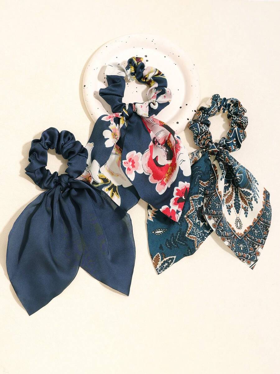 3pcs Satin Navy Floral Tassel Casual Bohemian Retro Palace Party Cute Street Polyester Fiber (Polyester) All Season - Navy Blue - View 1