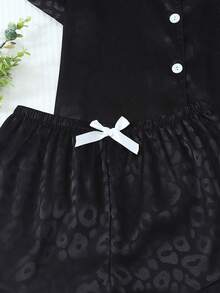 [Elegant Fields]2pcs Satin Pajama Set, Silver White Leopard Print Short Sleeve Collared Top And Bow Shorts, Women Sleepwear Loungewear - Black - View 5