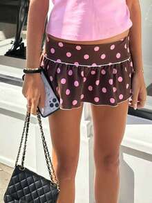 Women's Summer Mini Skirt Elegant Dot Print Ruffled Short Skirt For Party Work Daily Wear - Brown - View 2